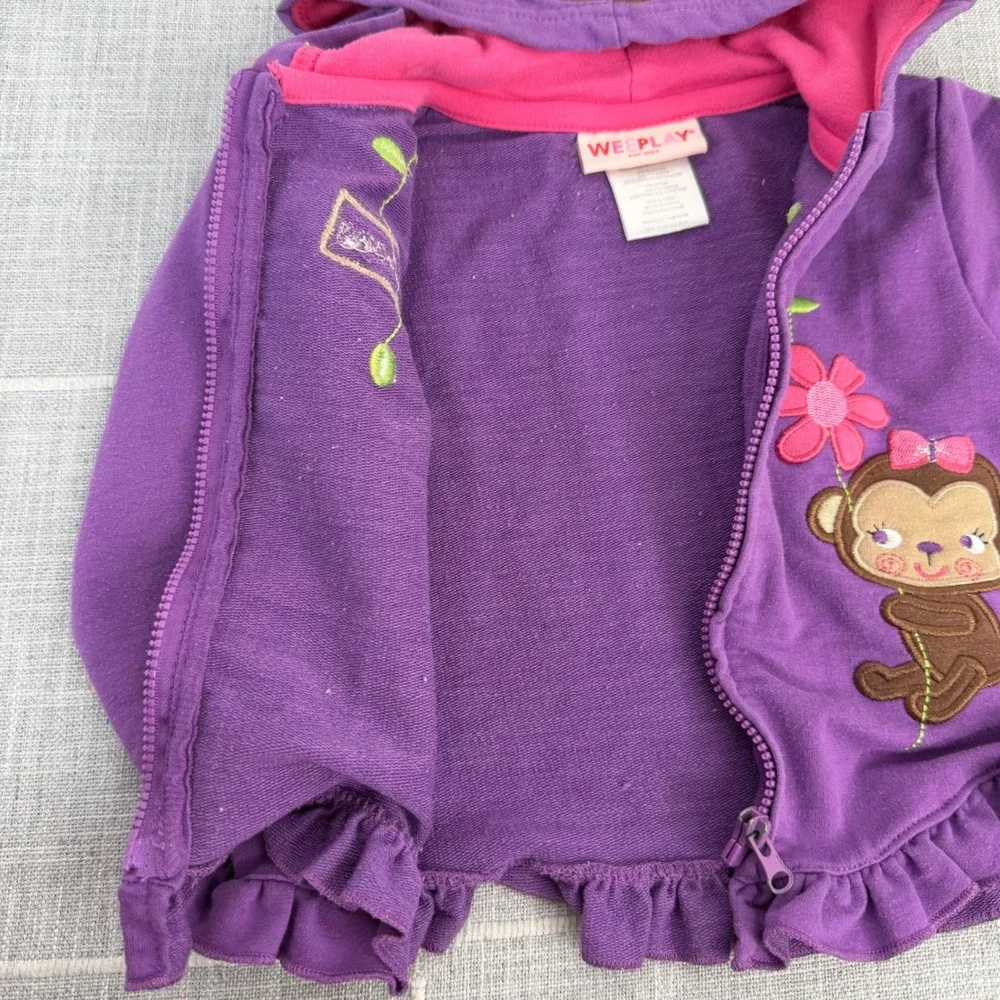 Y2K WeePlay 12 Months Purple‎ Full Zip Hoodie Monkey Flowers Pink 